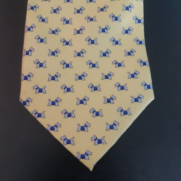Scottie Dog Repeating Pattern Soft Yellow with Blue & White- Men's Tie 100% Silk - Picture 3 of 9